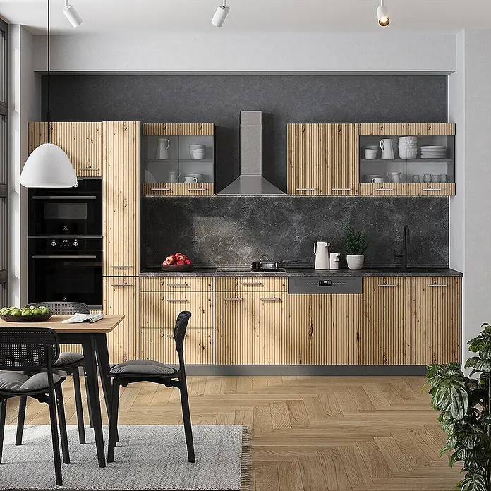 Vicco Küchenzeile R-Line Artisan Eiche/Anthrazit mit Hochschrank, ohne Arbeitsplatte - Artisan-Eiche, Ohne Elektrogeräte - Moderne Küche mit hellen Holzschränken im vertikalen Lamellendesign, dunkler Arbeitsplatte und integrierten Geräten.