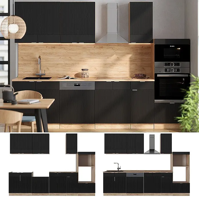 Vicco Küchenzeile Fame-Line Schwarz gestreift mit Hochschrank, ohne Arbeitsplatte - Breite: 300 cm, Schwarz gestreift, Ohne Elektrogeräte - Moderne Küche mit schwarzen geriffelten Schränken, Holzarbeitsplatten und integrierten Geräten.