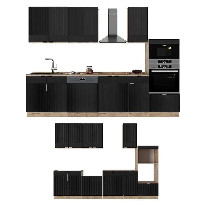 Vicco Küchenzeile Fame-Line Schwarz gestreift mit Hochschrank, ohne Arbeitsplatte - Breite: 300 cm, Schwarz gestreift, Ohne Elektrogeräte - Schwarze Rillenküche mit hellen Holzdetails, inklusive Einbaugeräten und modularen Elementen.