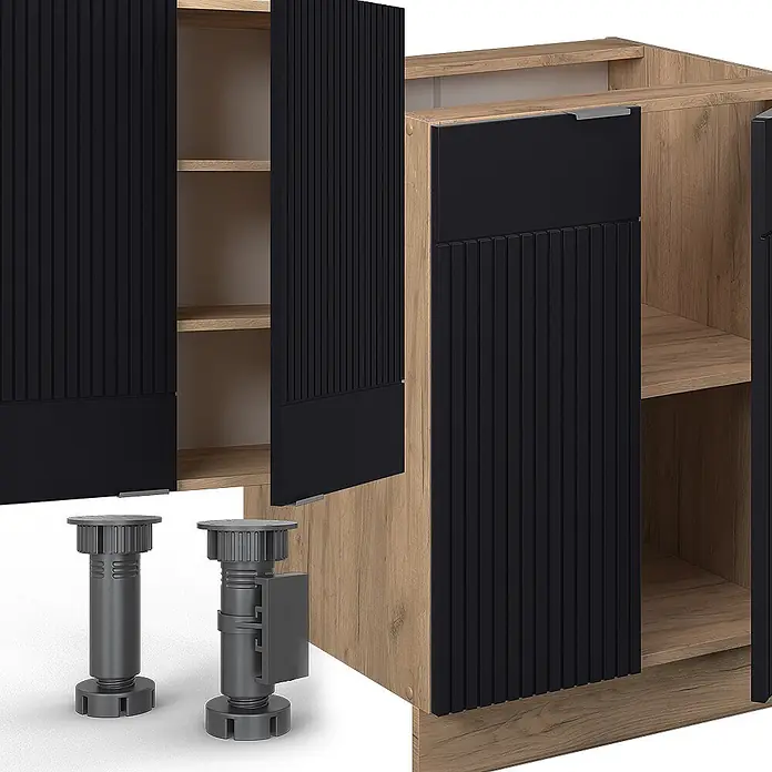 Vicco Küchenzeile Fame-Line Schwarz gestreift mit Hochschrank, ohne Arbeitsplatte - Breite: 300 cm, Schwarz gestreift, Ohne Elektrogeräte - Holzschrank mit schwarzen geriffelten Türen, offenen Innenfächern und zwei grauen, verstellbaren Möbelfüßen.