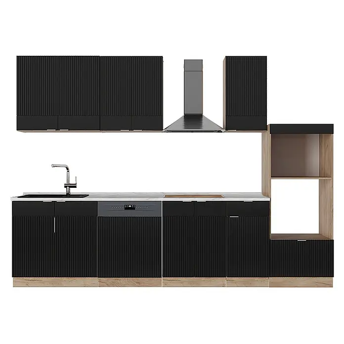 Vicco Küchenzeile Fame-Line Schwarz gestreift mit Hochschrank, ohne Arbeitsplatte - Breite: 300 cm, Schwarz gestreift, Ohne Elektrogeräte - Moderne schwarze Küche mit gerillten Fronten, heller Arbeitsplatte, Spüle, Geschirrspüler und Holzelementen.