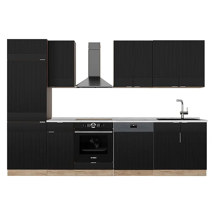 Vicco Küchenzeile Fame-Line Schwarz gestreift/Goldkraft Eiche, AP Marmor - Breite: 300 cm, Schwarz gestreift, Ohne Elektrogeräte - Schwarze geriffelte Küche mit integriertem Backofen, Geschirrspüler, Dunstabzugshaube und Spüle, auf hellem Holzsockel.
