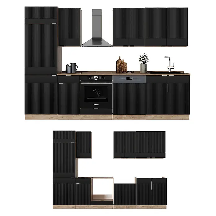 Vicco Küchenzeile Fame-Line Schwarz gestreift/Goldkraft Eiche, AP Marmor - Breite: 300 cm, Schwarz gestreift, Ohne Elektrogeräte - Moderne schwarze Küchenmöbel mit geriffelter Textur, Holzsockel und Arbeitsplatte, inklusive Backofen, Geschirrspüler und Dunstabzugshaube.