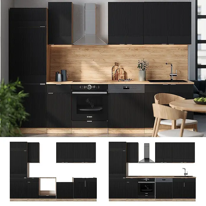 Vicco Küchenzeile Fame-Line Schwarz gestreift/Goldkraft Eiche, AP Marmor - Breite: 300 cm, Schwarz gestreift, Ohne Elektrogeräte - Moderne schwarze gerillte Küche mit hellen Holzplatten, integriertem Ofen und Geschirrspüler. Modulares Design.