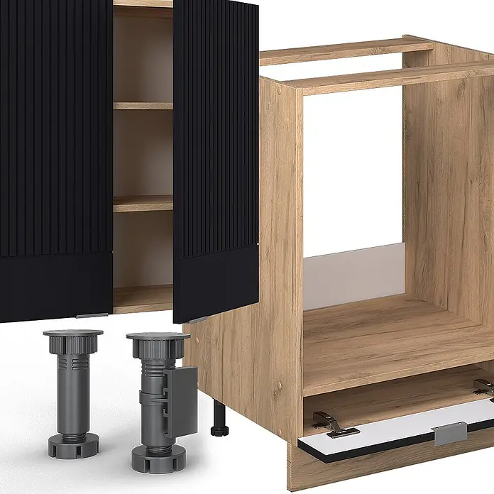 Vicco Küchenzeile Fame-Line Schwarz gestreift/Goldkraft Eiche, AP Marmor - Breite: 300 cm, Schwarz gestreift, Ohne Elektrogeräte - Modulares Küchenschrank-Set: heller Holz-Unterschrank, schwarzer Rillen-Oberschrank, verstellbare graue Füße für individuelle Küchengestaltung.
