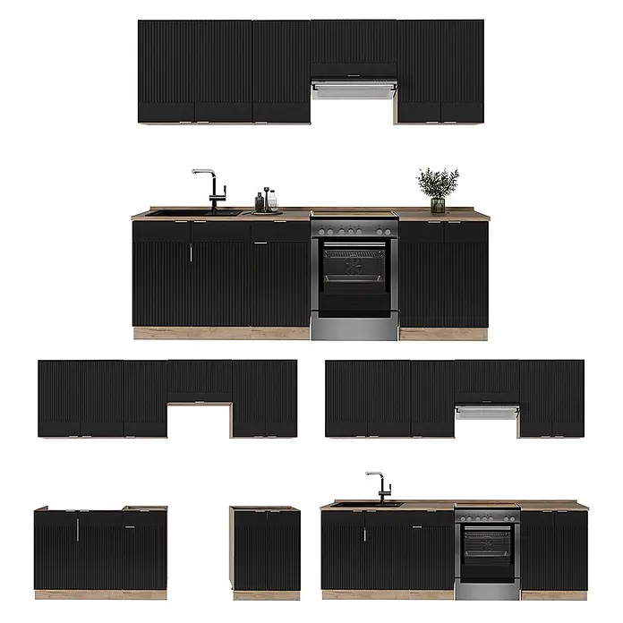 Vicco Küchenzeile Fame-Line Schwarz gestreift/Goldkraft Eiche, AP Anthrazit - Breite: 240 cm, Schwarz gestreift, Ohne Elektrogeräte - Modulares schwarzes Küchenschrank-Set mit Holzoptik-Sockel und Arbeitsplatten, inklusive Spüle, integriertem Backofen und Dunstabzugshaube.