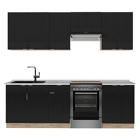 Vicco  Küchenzeile Fame-Line Schwarz gestreift/Goldkraft Eiche, AP Marmor