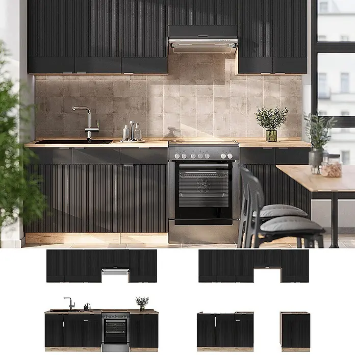 Vicco Küchenzeile Fame-Line Schwarz gestreift/Goldkraft Eiche, AP Anthrazit - Breite: 240 cm, Schwarz gestreift, Ohne Elektrogeräte - Moderne schwarze Küchenschränke mit geriffelten Türen und Holzoptik-Arbeitsplatte, in einer Küche integriert.