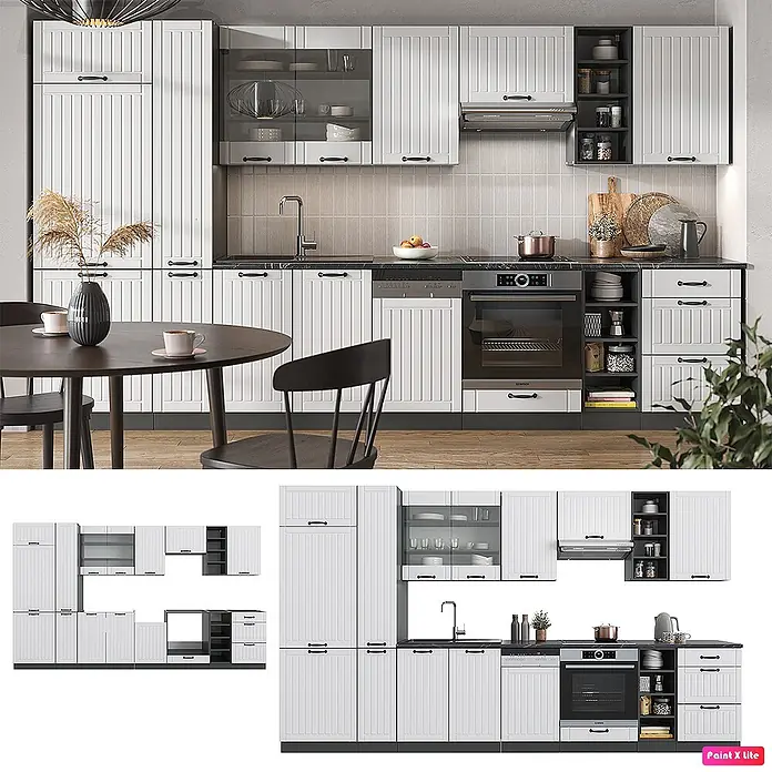 Vicco Küchenzeile Fame-Line Weiß Landhaus/Anthrazit, AP Anthrazit - Breite: 355 cm, Weiß Landhaus, Ohne Elektrogeräte - Weiße Lamellenküchenschränke mit schwarzen Griffen und dunklen Arbeitsplatten, integrierten Geräten und Spüle, in einer modernen Küche dargestellt.