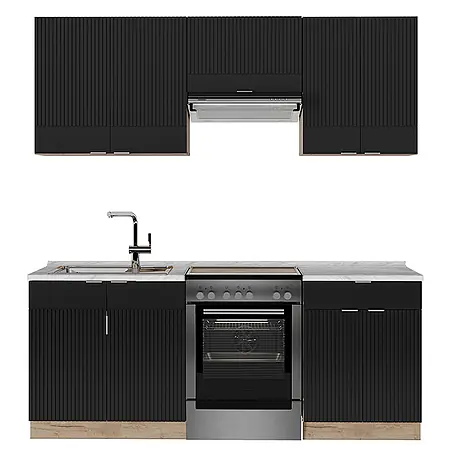 Vicco  Küchenzeile Fame-Line Schwarz gestreift/Goldkraft Eiche, AP Marmor