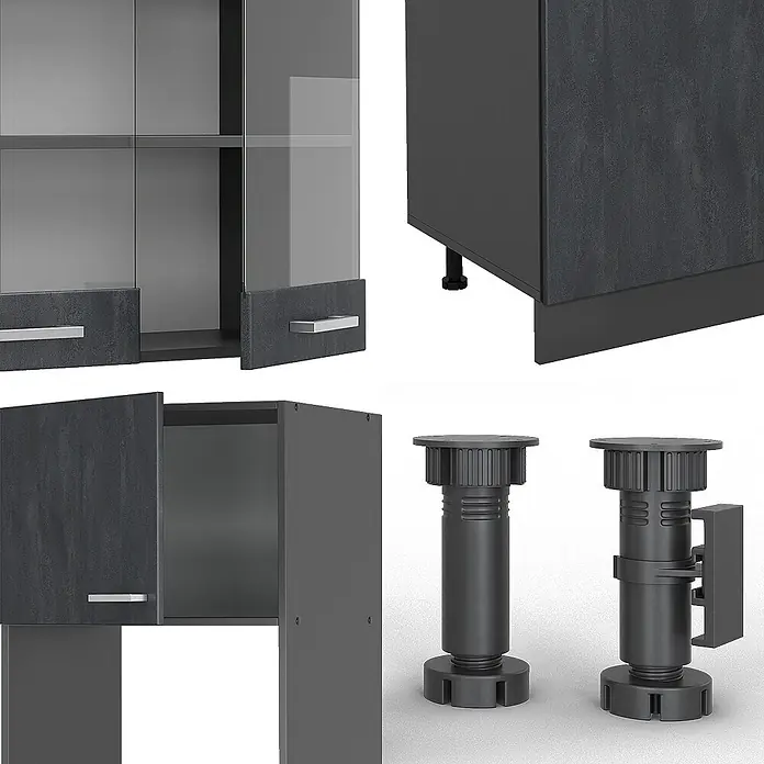 Vicco Küchenzeile R-Line Schwarz Beton/Anthrazit AP Eiche - Breite: 300 cm, Schwarz Beton, Ohne Elektrogeräte - Dunkelgraue modulare Schrankeinheit mit Glastüren und verstellbaren Nivellierfüßen.