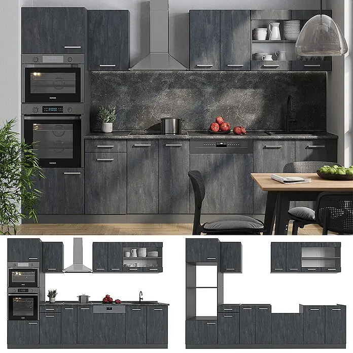 Vicco Küchenzeile R-Line Schwarz Beton/Anthrazit AP Eiche - Breite: 300 cm, Schwarz Beton, Ohne Elektrogeräte - Komplette dunkelgraue Küche mit Steineffektfronten und integrierten Geräten in modernem Interieur.