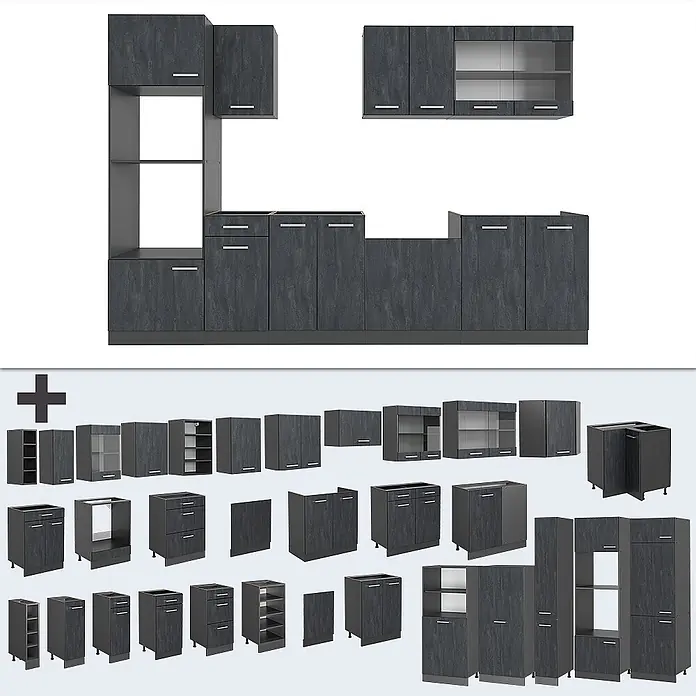 Vicco Küchenzeile R-Line Schwarz Beton/Anthrazit AP Eiche - Breite: 300 cm, Schwarz Beton, Ohne Elektrogeräte - Modulare Küchenschränke in dunkler Steinoptik, als Set und Einzelteile abgebildet.