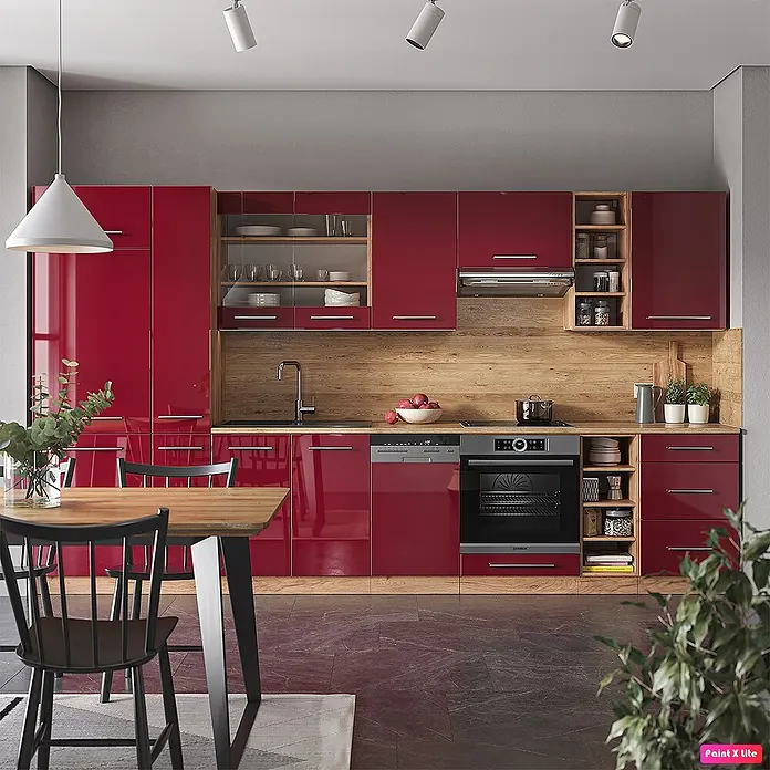 Vicco Küchenzeile Fame-Line Bordeaux Hochglanz/Goldkraft Eiche, AP Anthrazit - Breite: 355 cm, Bordeaux Hochglanz, Ohne Elektrogeräte - Moderne Küche mit glänzenden roten Schränken, Holz-Arbeitsplatten und integrierten Geräten wie Backofen und Geschirrspüler.