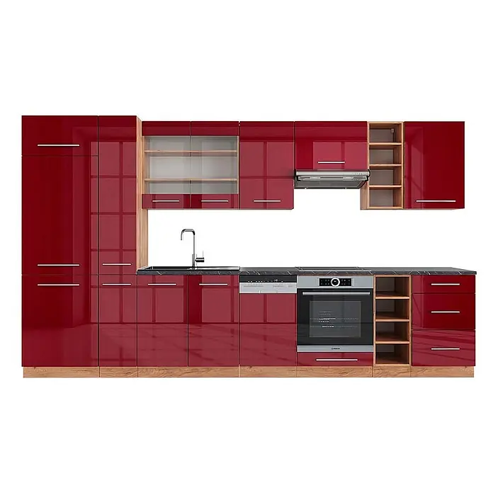 Vicco Küchenzeile Fame-Line Bordeaux Hochglanz/Goldkraft Eiche, AP Anthrazit - Breite: 355 cm, Bordeaux Hochglanz, Ohne Elektrogeräte - Moderne Küche mit glänzend roten Schränken, dunkler Arbeitsplatte und integrierten Geräten. Mit Holzdetails und offenen Regalen.
