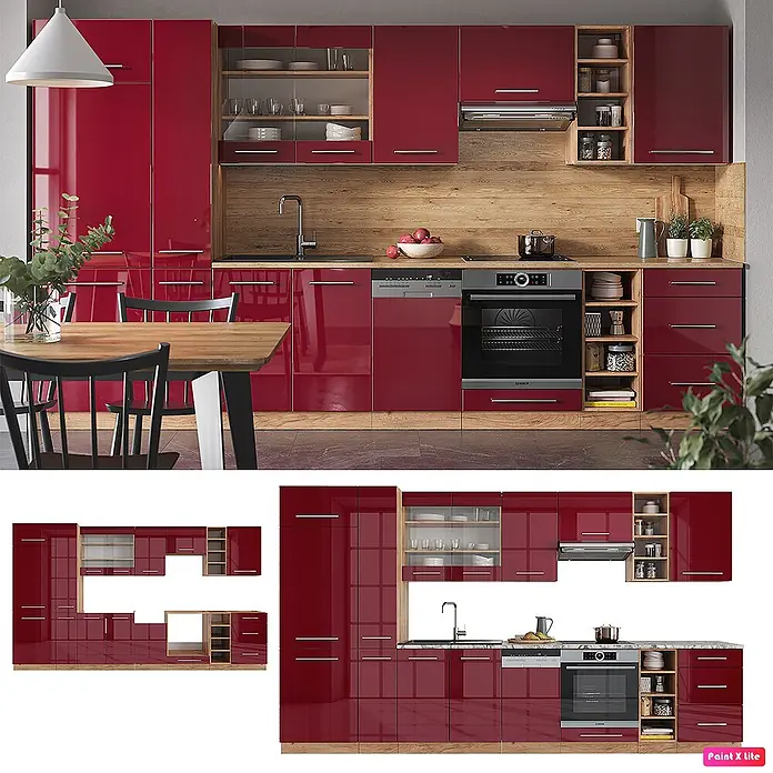 Vicco Küchenzeile Fame-Line Bordeaux Hochglanz/Goldkraft Eiche, AP Anthrazit - Breite: 355 cm, Bordeaux Hochglanz, Ohne Elektrogeräte - Glänzende rote Küche mit Holzdetails, integrierten Geräten und Essbereich.