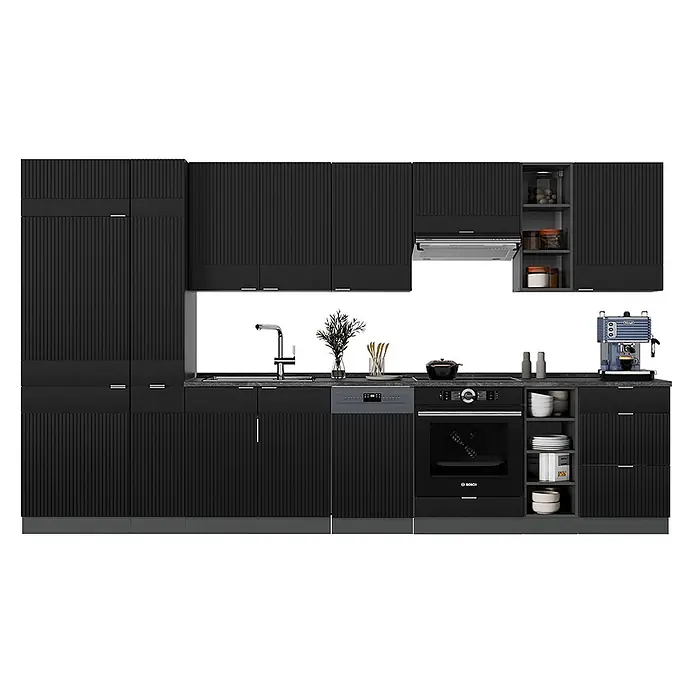 Vicco Küchenzeile Fame-Line Schwarz gestreift/Anthrazit ohne Arbeitsplatte - Breite: 355 cm, Schwarz gestreift, Ohne Elektrogeräte - Moderne schwarze Küche mit gerippten Fronten, dunklen Arbeitsplatten, Spüle und integrierten Geräten.