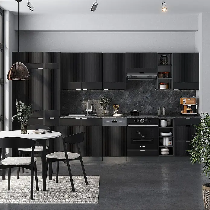 Vicco Küchenzeile Fame-Line Schwarz gestreift/Anthrazit ohne Arbeitsplatte - Breite: 355 cm, Schwarz gestreift, Ohne Elektrogeräte - Moderne schwarze geriffelte Küche mit dunklen Arbeitsplatten, integrierten Geräten und einem kleinen Essbereich.