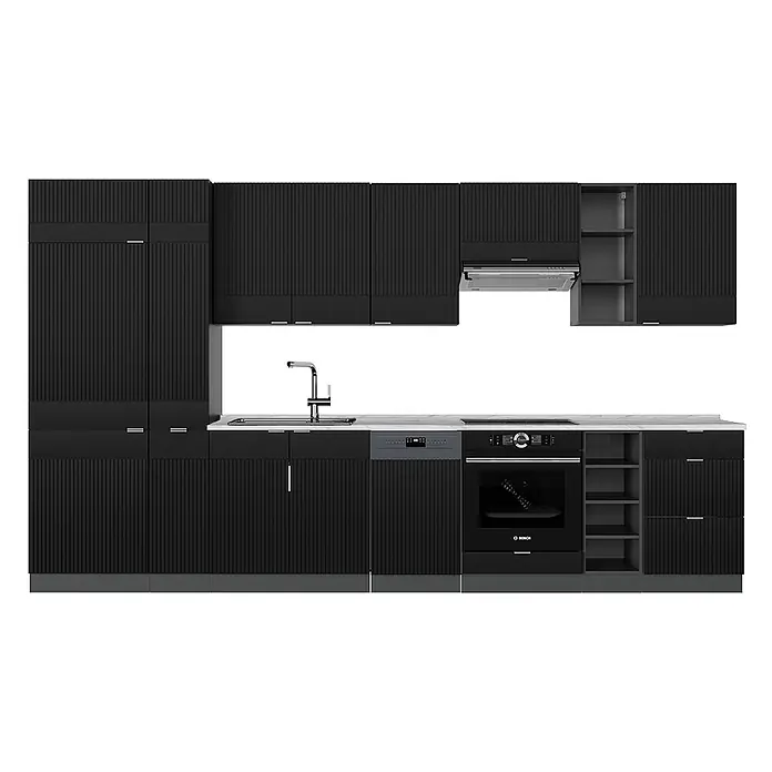 Vicco Küchenzeile Fame-Line Schwarz gestreift/Anthrazit ohne Arbeitsplatte - Breite: 355 cm, Schwarz gestreift, Ohne Elektrogeräte - Moderne schwarze Küchenzeile mit geriffelten Schrankfronten, heller Arbeitsplatte, Spüle, Geschirrspüler und Backofen.