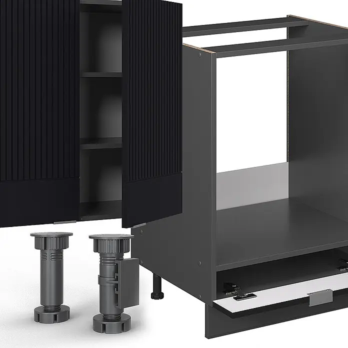 Vicco Küchenzeile Fame-Line Schwarz gestreift/Anthrazit ohne Arbeitsplatte - Breite: 355 cm, Schwarz gestreift, Ohne Elektrogeräte - Schwarze geriffelte Schranktüren, dunkelgrauer Schrankkorpus und verstellbare Füße für die Küchenschrankmontage.