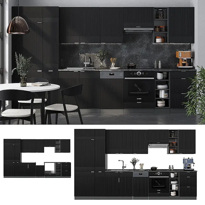 Vicco Küchenzeile Fame-Line Schwarz gestreift/Anthrazit ohne Arbeitsplatte - Breite: 355 cm, Schwarz gestreift, Ohne Elektrogeräte - Moderne schwarze Küchenschränke mit Rillenstruktur, integrierten Geräten, Spüle und offenen Regalen.