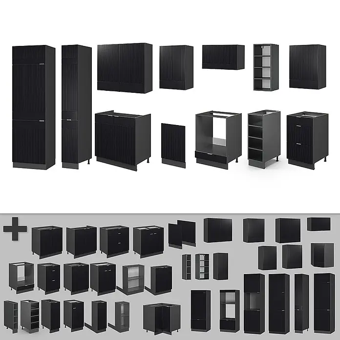 Vicco Küchenzeile Fame-Line Schwarz gestreift/Anthrazit ohne Arbeitsplatte - Breite: 355 cm, Schwarz gestreift, Ohne Elektrogeräte - Sammlung dunkelgrauer gerippter Küchenschränke und Module, einschließlich hoher, Wand- und Unterschränke zur Aufbewahrung.