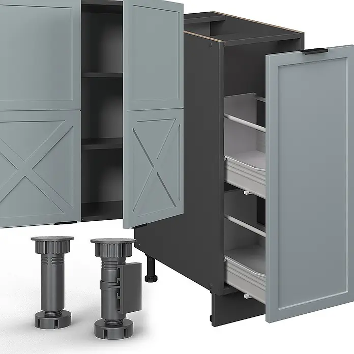 Vicco Küchenzeile Fame-Line Hellblau-grau/Anthrazit, AP Marmor - Breite: 280 cm, Hellblau-grau, Ohne Elektrogeräte - Modulare hellgraue und dunkelgraue Küchenschrankkomponenten mit X-Paneeltüren, Auszugsschränken und verstellbaren Füßen.