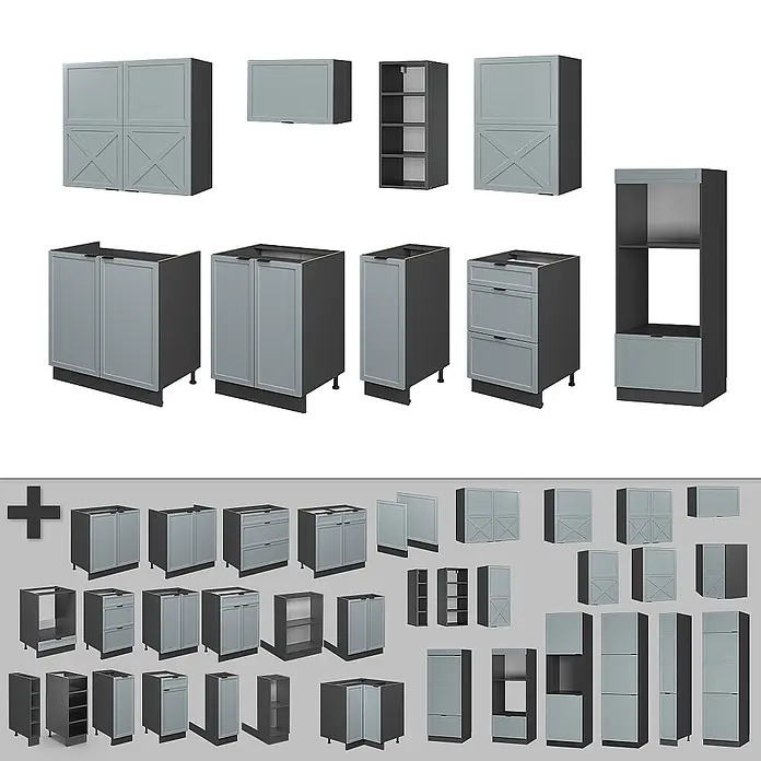 Vicco Küchenzeile Fame-Line Hellblau-grau/Anthrazit, AP Marmor - Breite: 280 cm, Hellblau-grau, Ohne Elektrogeräte - Sortiment modularer Küchenschränke in Grau und Dunkelgrau, darunter Wand-, Unterschränke, Schubladen- und Hochschränke.