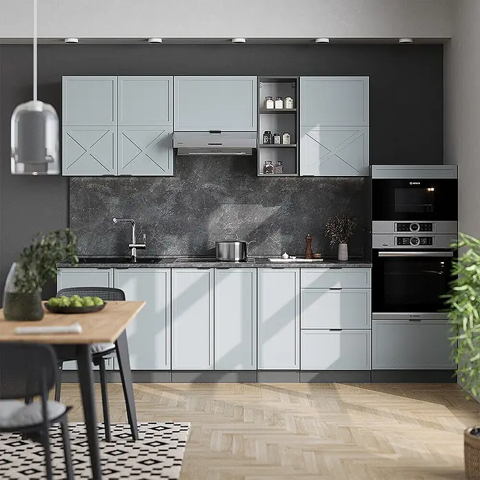 Vicco Küchenzeile Fame-Line Hellblau-grau/Anthrazit, AP Marmor - Breite: 280 cm, Hellblau-grau, Ohne Elektrogeräte - Moderne Küche mit hellblauen Schränken, dunkler Marmor-Rückwand und integrierten Edelstahlgeräten, darunter Backofen und Mikrowelle.