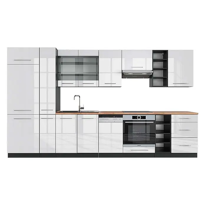 Vicco Küchenzeile Fame-Line Weiß Hochglanz/Anthrazit, AP Eiche - Breite: 355 cm, Weiß Hochglanz, Ohne Elektrogeräte - Moderne Küche mit glänzenden weißen Schränken, Holzplatte und integrierten Geräten wie Backofen, Geschirrspüler und Spüle.