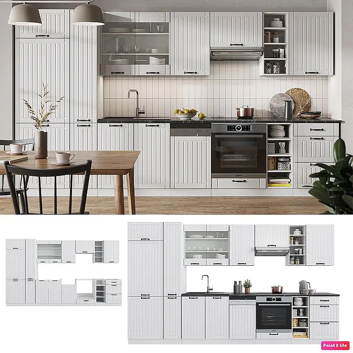 Vicco Küchenzeile Fame-Line Weiß Landhaus/Weiß, AP Eiche - Breite: 355 cm, Weiß Landhaus, Ohne Elektrogeräte - Weiße modulare Küchenschränke mit vertikaler Paneelierung und schwarzen Arbeitsplatten, in einer kompletten Kücheneinrichtung.