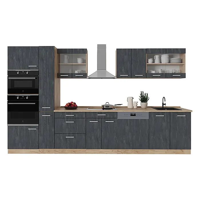 Vicco Küchenzeile R-Line Schwarz Beton/Goldkraft Eiche, AP Eiche - Breite: 350 cm, Schwarz Beton, Ohne Elektrogeräte - Moderne dunkelgraue Küchenzeile mit integrierten Öfen, Kochfeld, Spüle und Geschirrspüler, mit heller Holzoptik-Arbeitsplatte.