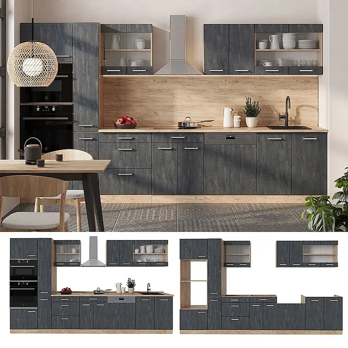 Vicco Küchenzeile R-Line Schwarz Beton/Goldkraft Eiche, AP Eiche - Breite: 350 cm, Schwarz Beton, Ohne Elektrogeräte - Dunkelgraue texturierte Küche mit Holzoptik-Arbeitsplatte und integrierten Geräten.