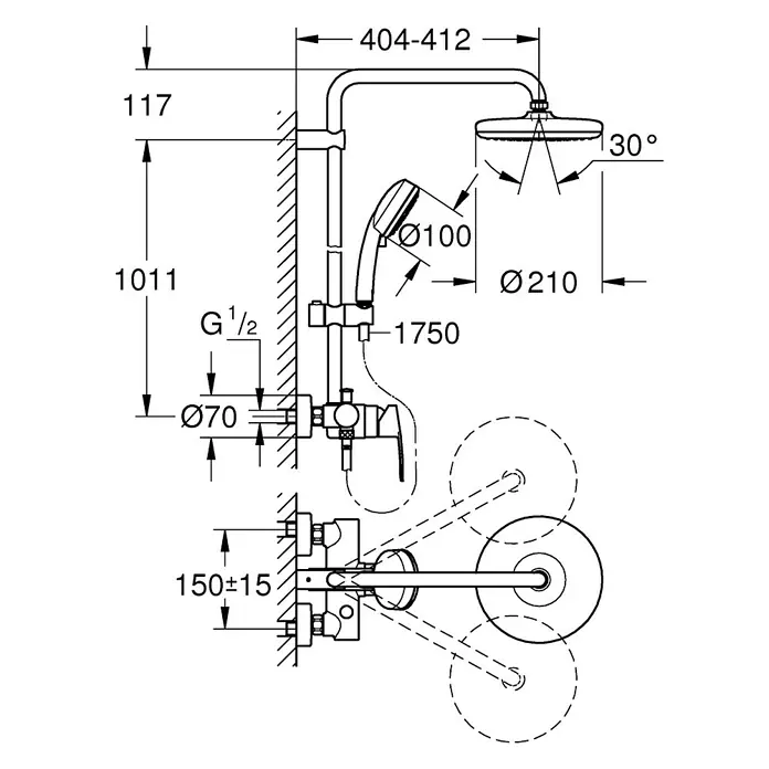 Grohe Tempesta Cosmopolitan DuschsystemMit Einhebelmischer, Lochabstand: 101,1 cm, Anzahl Strahlarten: 2 Stk., Chrom