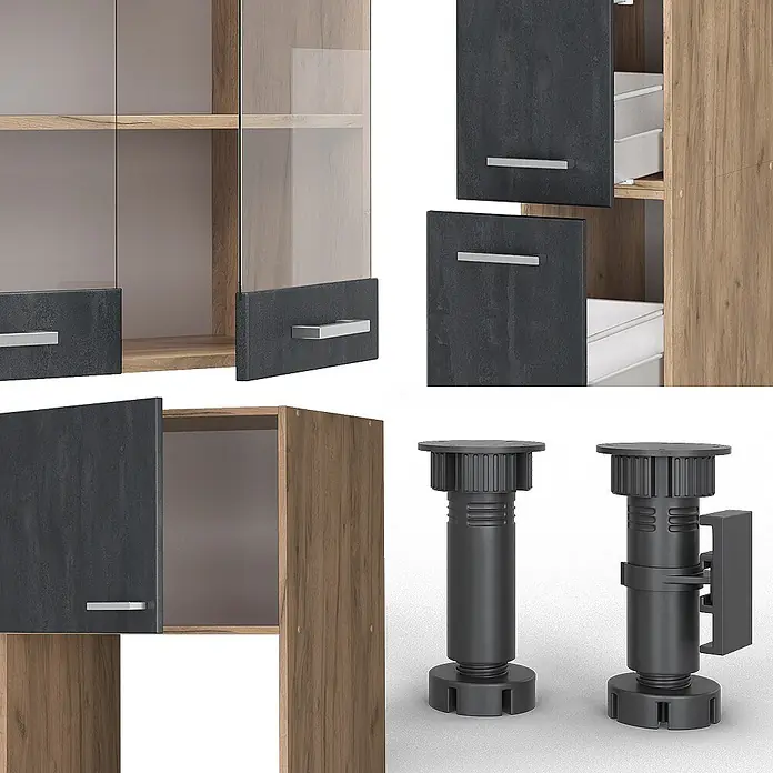 Vicco Küchenzeile R-Line Schwarz Beton/Goldkraft Eiche, AP Eiche - Breite: 350 cm, Schwarz Beton, Ohne Elektrogeräte - Modulare Schrankelemente in Holzoptik und Dunkelgrau mit Glas, Griffen und schwarzen, verstellbaren Möbelfüßen.