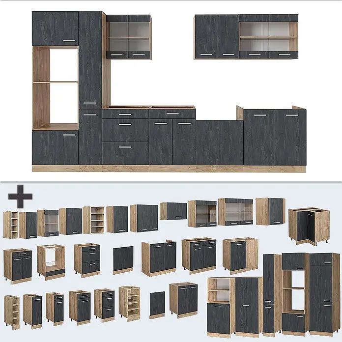 Vicco Küchenzeile R-Line Schwarz Beton/Goldkraft Eiche, AP Eiche - Breite: 350 cm, Schwarz Beton, Ohne Elektrogeräte - Modulares Küchenset mit anthrazitfarbenen Fronten und hellen Holz-Akzenten (Eiche/Buche), bestehend aus verschiedenen Unter-, Ober- und Hochschränken.