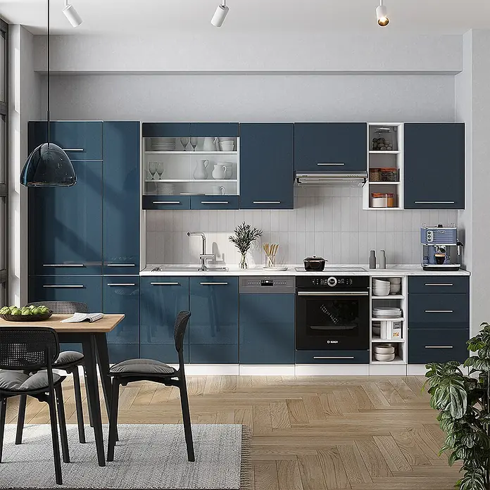 Vicco Küchenzeile Fame-Line Dunkelblau Hochglanz ohne Arbeitsplatte - Dunkelblau Hochglanz, Ohne Elektrogeräte - Moderne Küche mit glänzenden blauen Schränken und integrierten Geräten, bietet viel Stauraum und ein schlankes Design.