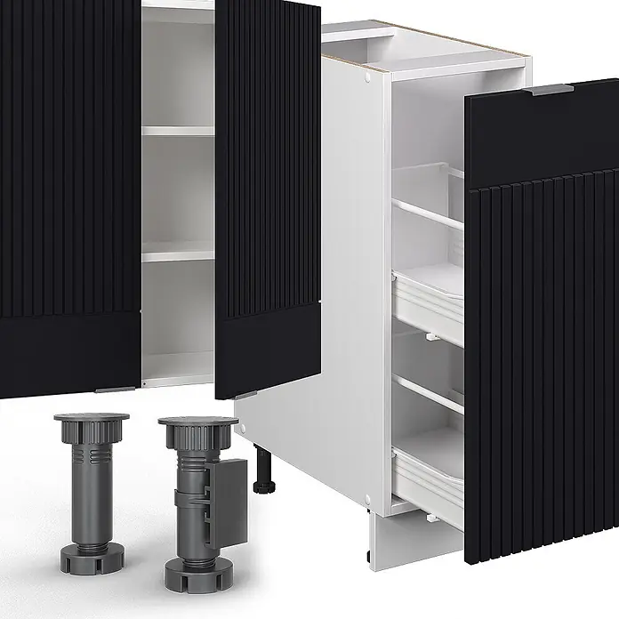 Vicco Küchenzeile Fame-Line Schwarz gestreift/Weiß, AP Marmor - Breite: 280 cm, Schwarz gestreift, Ohne Elektrogeräte - Modulare Küchenschränke mit weißen Korpen, schwarzen geriffelten Türen, Auszügen, Regalen und verstellbaren Füßen.