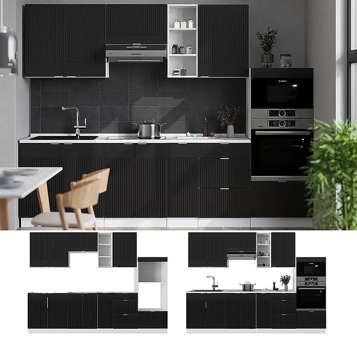 Vicco Küchenzeile Fame-Line Schwarz gestreift/Weiß, AP Marmor - Breite: 280 cm, Schwarz gestreift, Ohne Elektrogeräte - Moderne schwarze Küchenschrank-Garnitur mit geriffelter Front, weißen Arbeitsplatten, Spüle und integrierten Geräten.