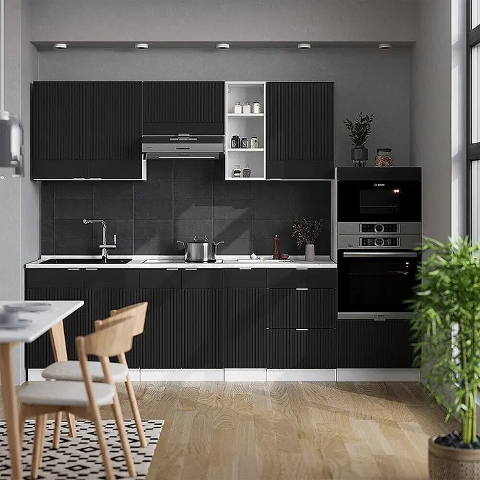 Vicco Küchenzeile Fame-Line Schwarz gestreift/Weiß, AP Marmor - Breite: 280 cm, Schwarz gestreift, Ohne Elektrogeräte - Moderne schwarze Küche mit texturierten Schränken, weißen Arbeitsplatten und integrierten Geräten.
