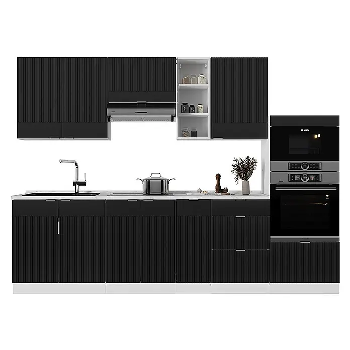 Vicco Küchenzeile Fame-Line Schwarz gestreift/Weiß, AP Marmor - Breite: 280 cm, Schwarz gestreift, Ohne Elektrogeräte - Moderne schwarze Küche mit gerippten Schranktüren, weißer Arbeitsplatte, Spüle, Herd, Backofen, Mikrowelle und Dunstabzugshaube.