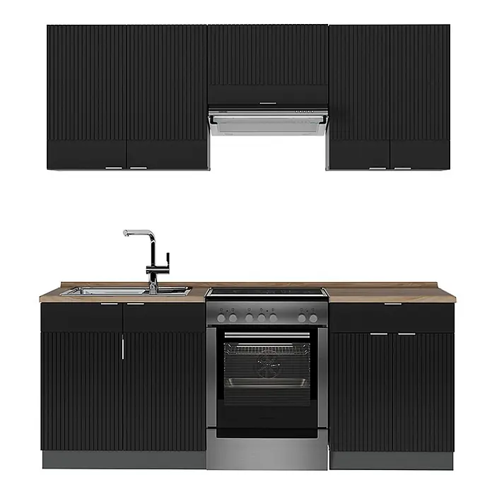 Vicco Küchenzeile Fame-Line Schwarz gestreift/Anthrazit, AP Eiche - Breite: 200 cm, Schwarz gestreift, Ohne Elektrogeräte - Schwarze Küchenzeile mit gerillten Türen, Holztheke, Spüle, Backofen und Dunstabzugshaube.