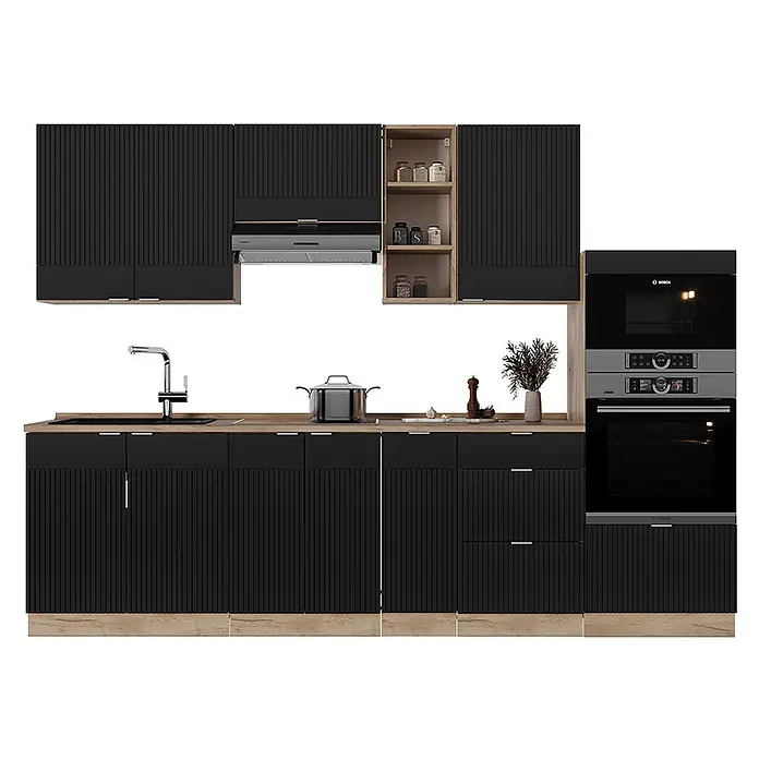 Vicco Küchenzeile Fame-Line Schwarz gestreift/Goldkraft Eiche ohne Arbeitsplatte - Breite: 280 cm, Schwarz gestreift, Ohne Elektrogeräte - Moderne schwarze Küchenschrankkombination mit gerippten Fronten und Arbeitsplatte in Holzoptik. Integrierte Spüle, Ofen, Mikrowelle.