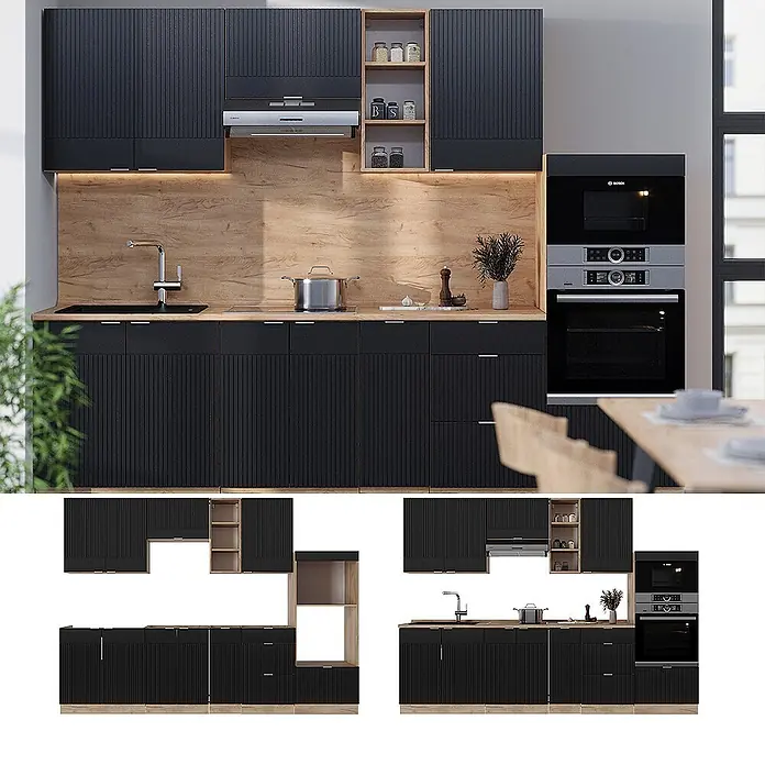 Vicco Küchenzeile Fame-Line Schwarz gestreift/Goldkraft Eiche ohne Arbeitsplatte - Breite: 280 cm, Schwarz gestreift, Ohne Elektrogeräte - Moderne schwarze Küche mit gerippten Fronten, Holztheke und integrierten Geräten.
