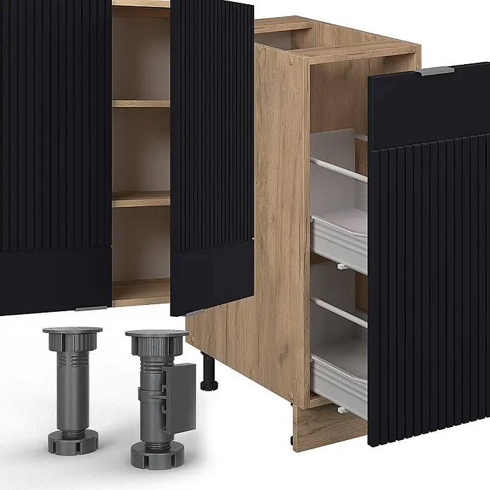 Vicco Küchenzeile Fame-Line Schwarz gestreift/Goldkraft Eiche ohne Arbeitsplatte - Breite: 280 cm, Schwarz gestreift, Ohne Elektrogeräte - Modulare Küchenschrankkomponenten: schwarze gerippte Fronten, helle Holzrahmen und graue verstellbare Füße.