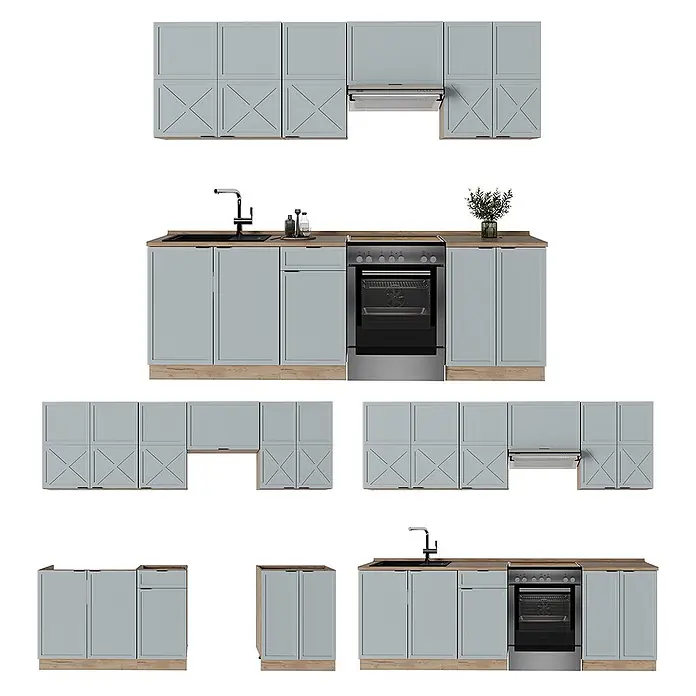 Vicco Küchenzeile Fame-Line Hellblau-grau/Goldkraft Eiche, AP Marmor - Breite: 240 cm, Hellblau-grau, Ohne Elektrogeräte - Helleblaue modulare Küche mit Holzplatten, Spüle, Backofen und Schranktüren mit X-Muster.