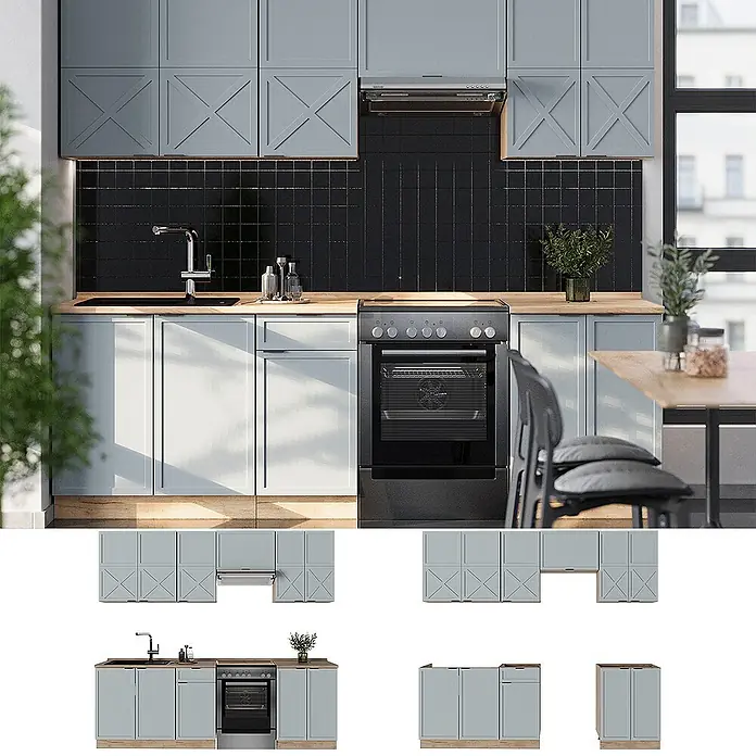 Vicco Küchenzeile Fame-Line Hellblau-grau/Goldkraft Eiche, AP Marmor - Breite: 240 cm, Hellblau-grau, Ohne Elektrogeräte - Moderne hellgraue Küche mit Oberschränken mit X-Details, weißen und grauen Unterschränken, Holzarbeitsplatte und schwarzem Herd.