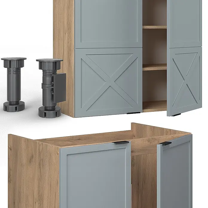 Vicco Küchenzeile Fame-Line Hellblau-grau/Goldkraft Eiche, AP Marmor - Breite: 240 cm, Hellblau-grau, Ohne Elektrogeräte - Verstellbare graue Möbelfüße und Küchenschränke in Holzoptik mit grauen Türen.