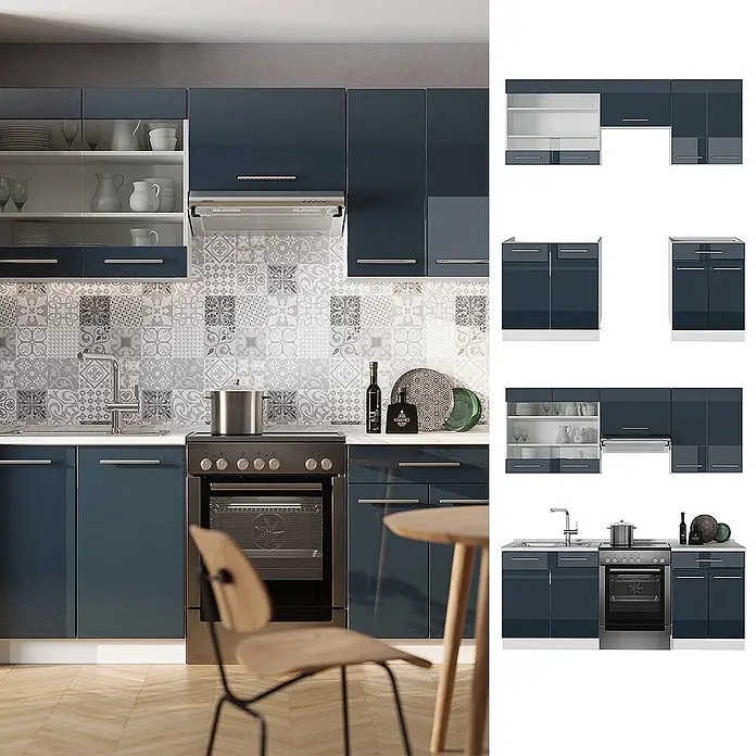 Vicco Küchenzeile Fame-Line Dunkelblau Hochglanz/Weiß, AP Anthrazit - Dunkelblau Hochglanz, Ohne Elektrogeräte - Moderne Küche mit blauen Hochglanzschränken und weißer Arbeitsplatte.