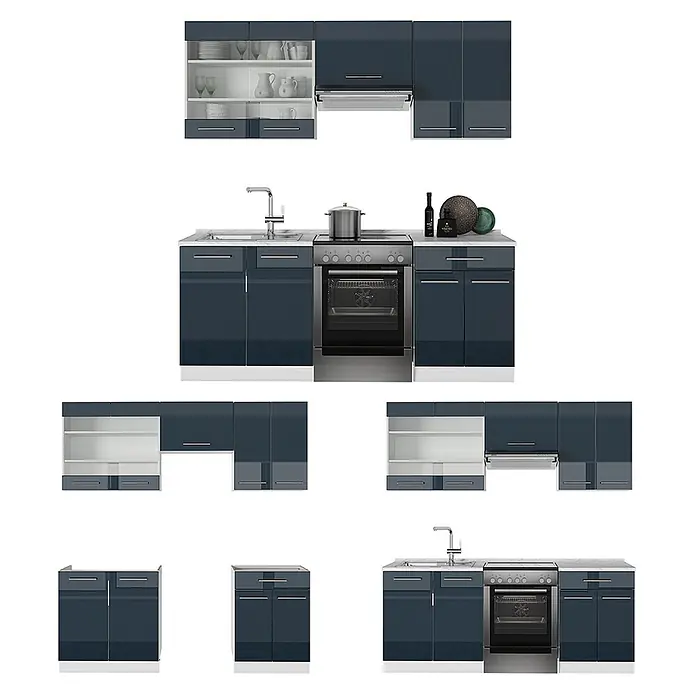 Vicco Küchenzeile Fame-Line Dunkelblau Hochglanz/Weiß, AP Anthrazit - Dunkelblau Hochglanz, Ohne Elektrogeräte - Modulares Küchenschrank-Set in glänzendem Dunkelblau und Weiß, mit verschiedenen Konfigurationen aus Ober- und Unterschränken, Spüle und integriertem Ofen/Kochfeld.